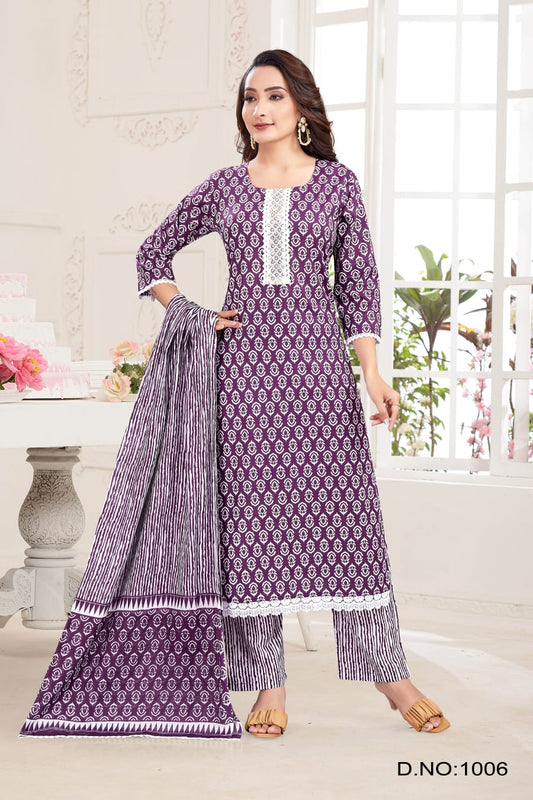 Cottshine: Pure Cotton Purple Printed Kurta Suit With dupatta
