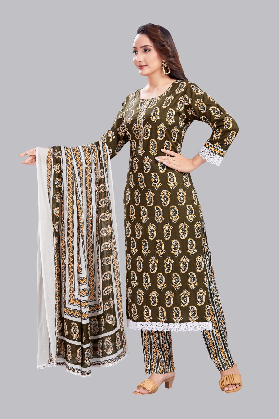 Cottshine: Pure Cotton Mehndi Color Kurta suit with dupatta