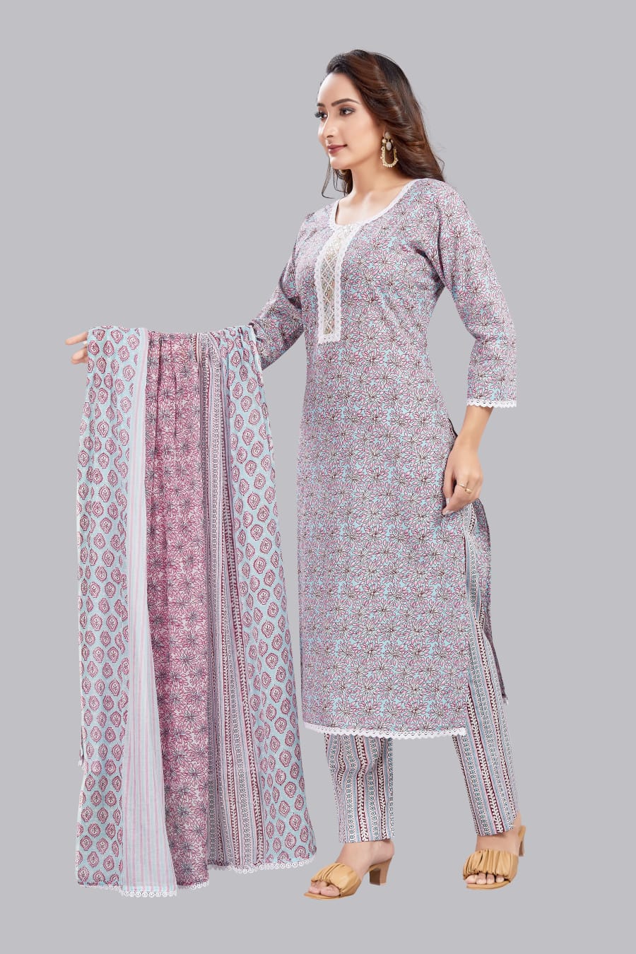 Cottshine: Pure Cotton Violet Floral Printed Kurta suit with dupatta