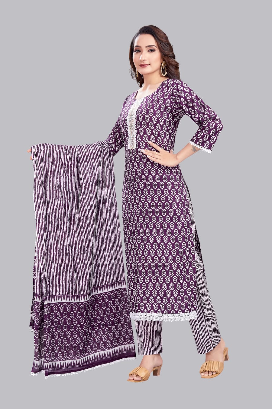Cottshine: Pure Cotton Purple Printed Kurta Suit With dupatta