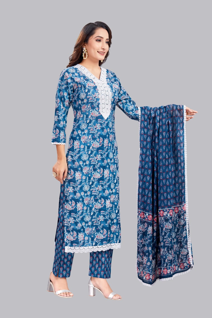 Cottshine Pure Cotton Blue Floral Printed Kurta suit with dupatta
