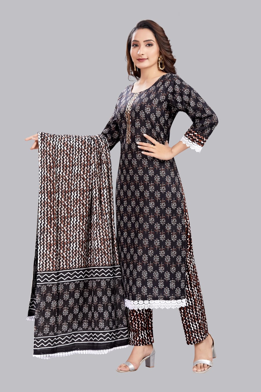Cottshine: Pure Cotton Black Printed Kurta Suit with dupatta